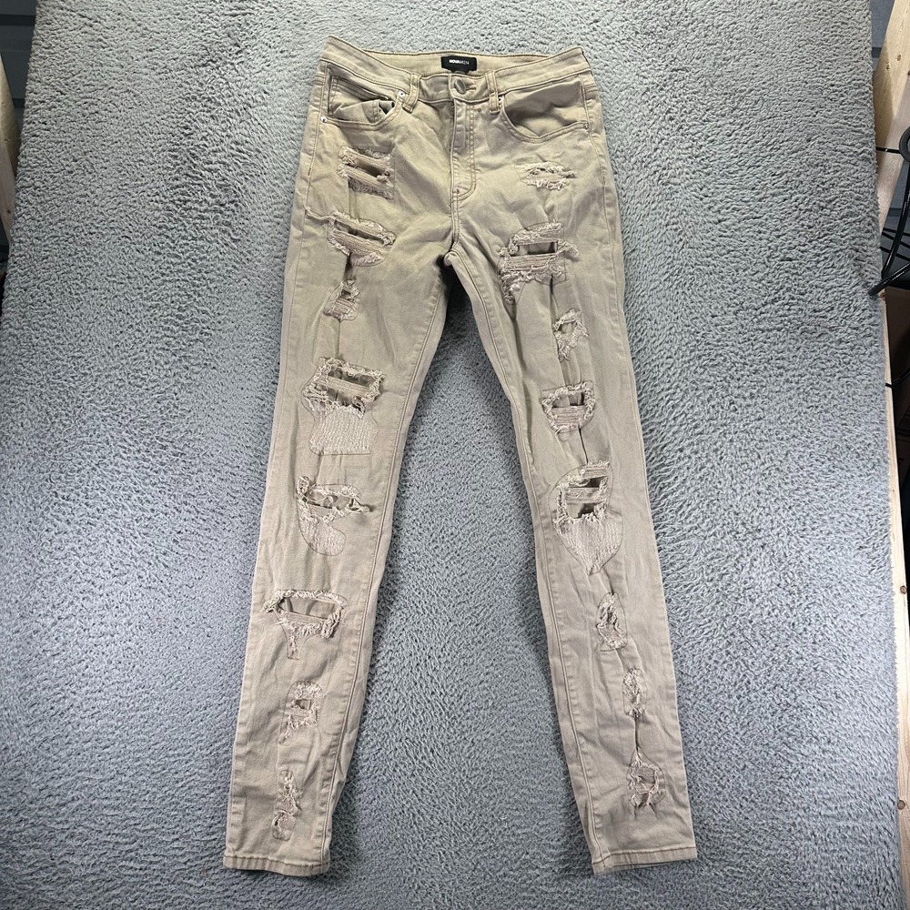 Fashion Nova‎ Jeans Men's 32x35 Beige Cotton Denim Skinny Leg Distressed Stretch
